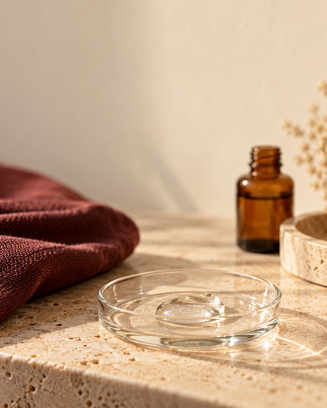 Illustrative clear gel in a glass dish on cream travertine, with burgundy linen