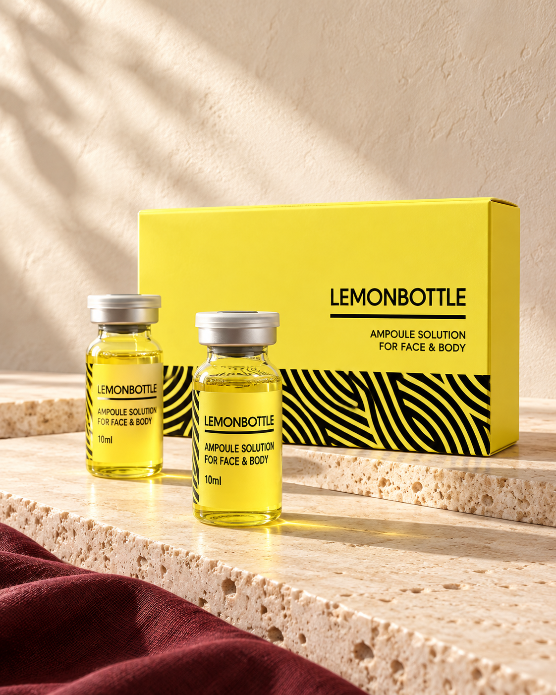Styled LemonBottle box and yellow vials on cream stone, without a treatment result