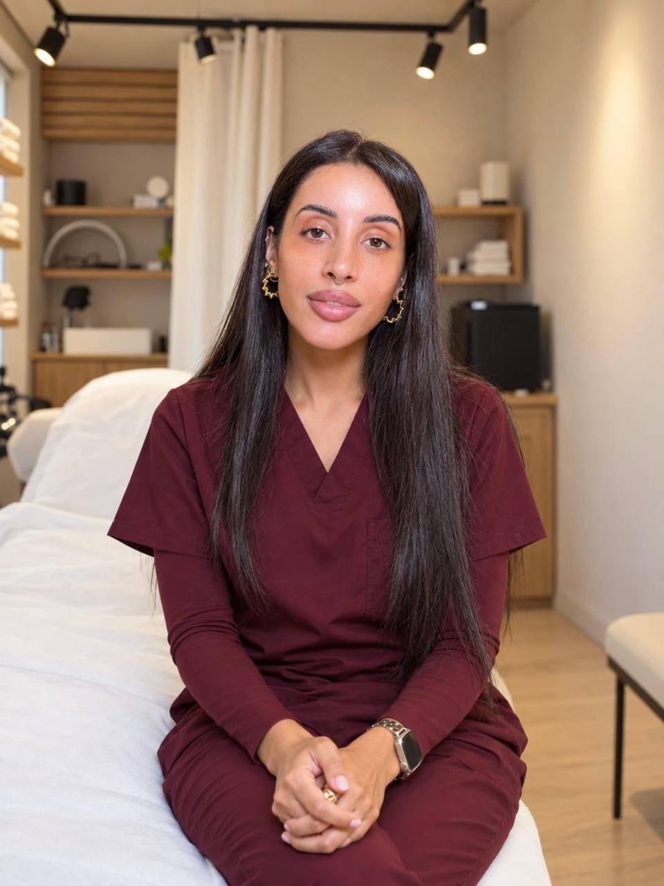 Enhanced portrait of Valentina, founder of Laqué, wearing burgundy scrubs with matching long undersleeves